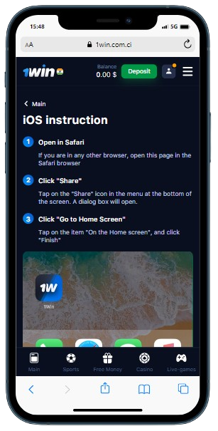 A smartphone displaying 1Win casino with webpage how to install app on IOS