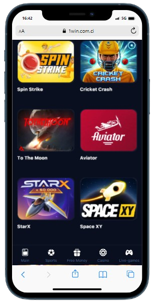 A smartphone displaying 1Win casino games library