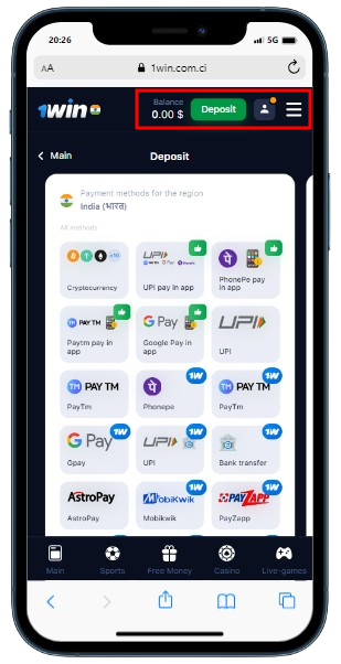 A smartphone displaying 1Win casino with personal account and payment options for depositing