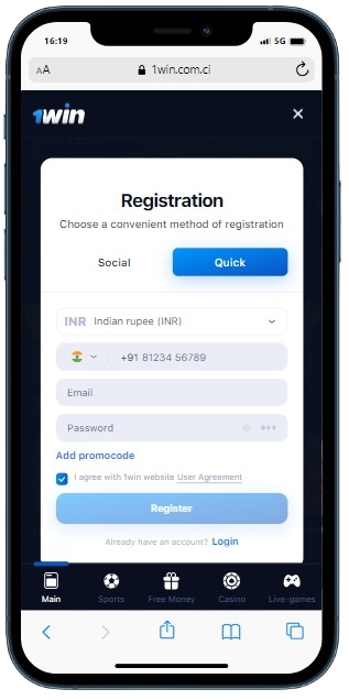 A smartphone displaying 1Win casino sign up form