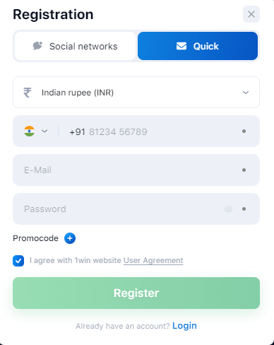 1Win registration panel