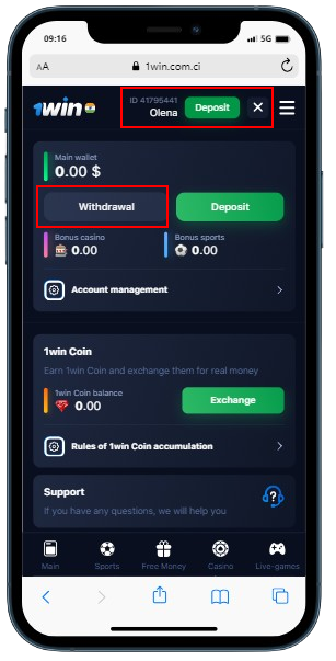 A smartphone displaying 1Win casino with personal account panel and highlighted 'Withdrawal'
