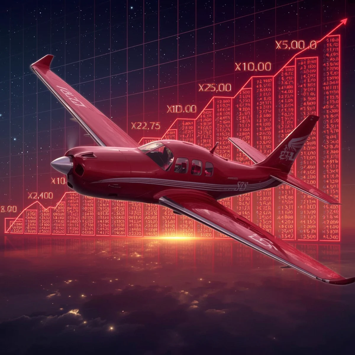 Aviator online red plane soaring at sunset with illuminated multiplier chart in background