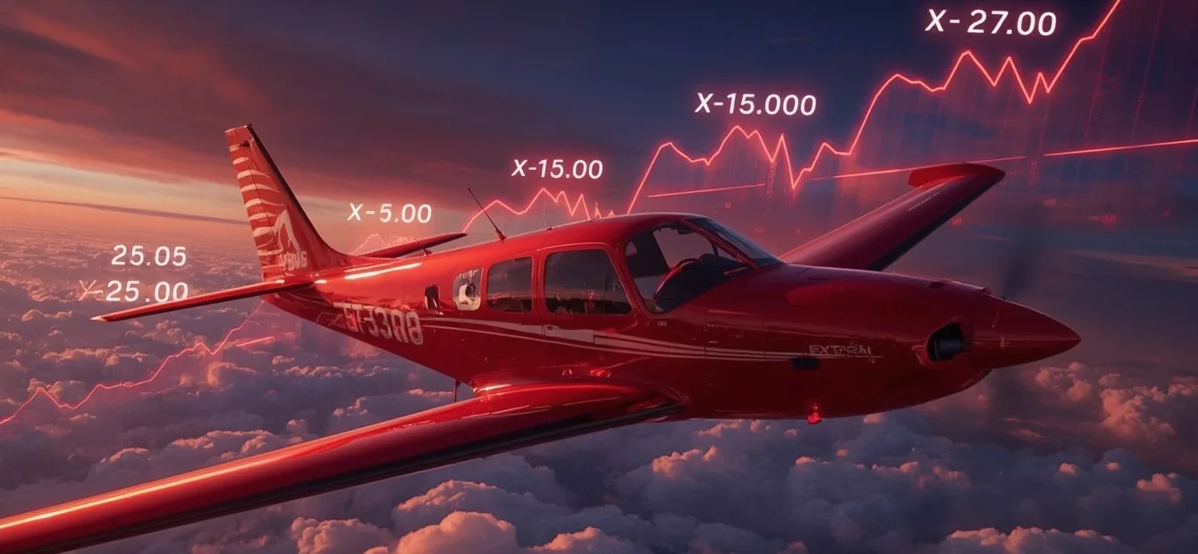 Red Aviator airplane flying above clouds showing game multiplier graph and values