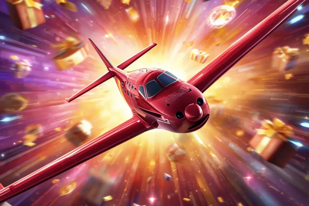 A red plane flying through a bright explosion with flying gift boxes and gold awards, symbolizing bonuses in the online game Aviator