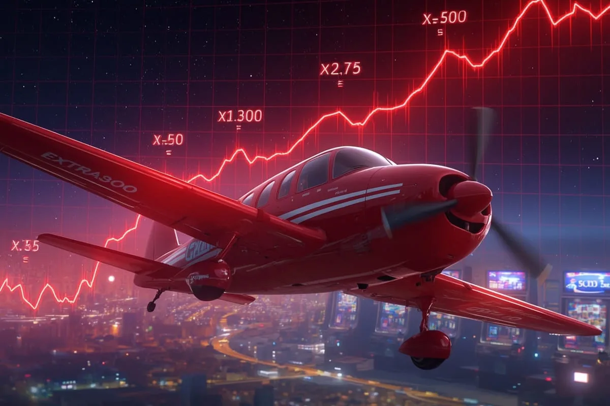 A red plane flying in the sky with a bright red graph showing growing profits and multipliers in the Aviator crash game