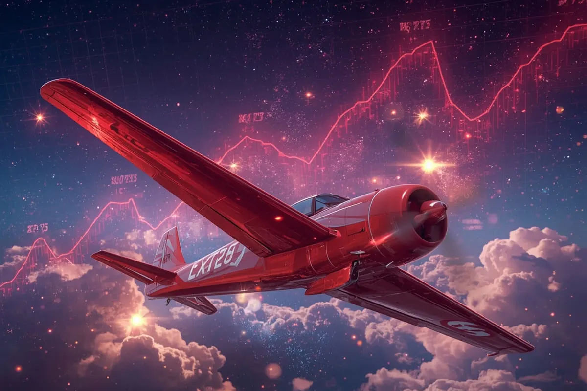 A red plane flying above the clouds, with bright graphics showing profits and multipliers in the Aviator online game