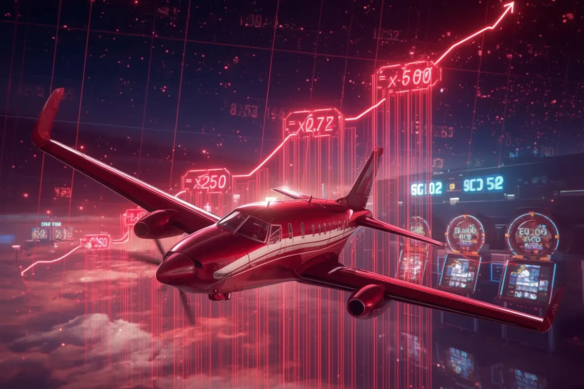 A red plane in the Aviator game flying through glowing red graphics and multipliers symbolizing growing winnings