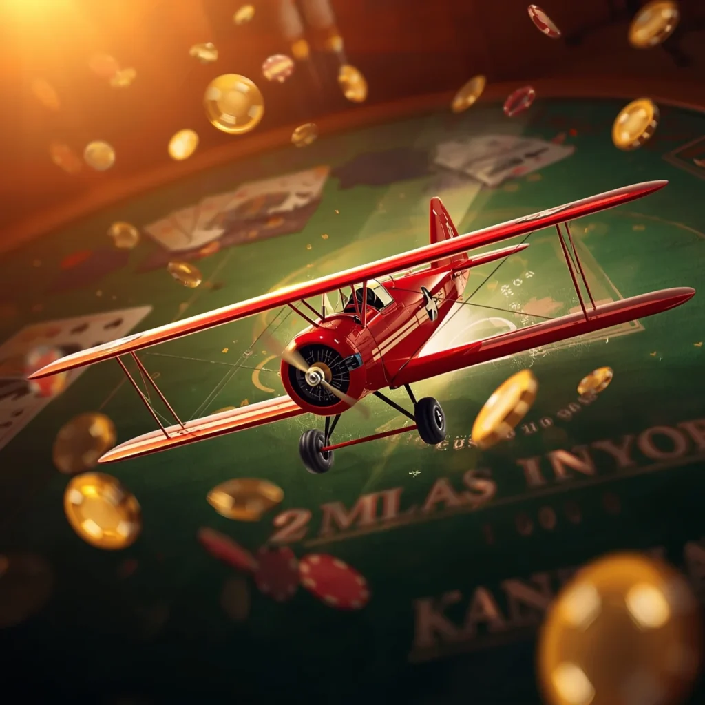 A red Aviator game biplane flying above green casino table