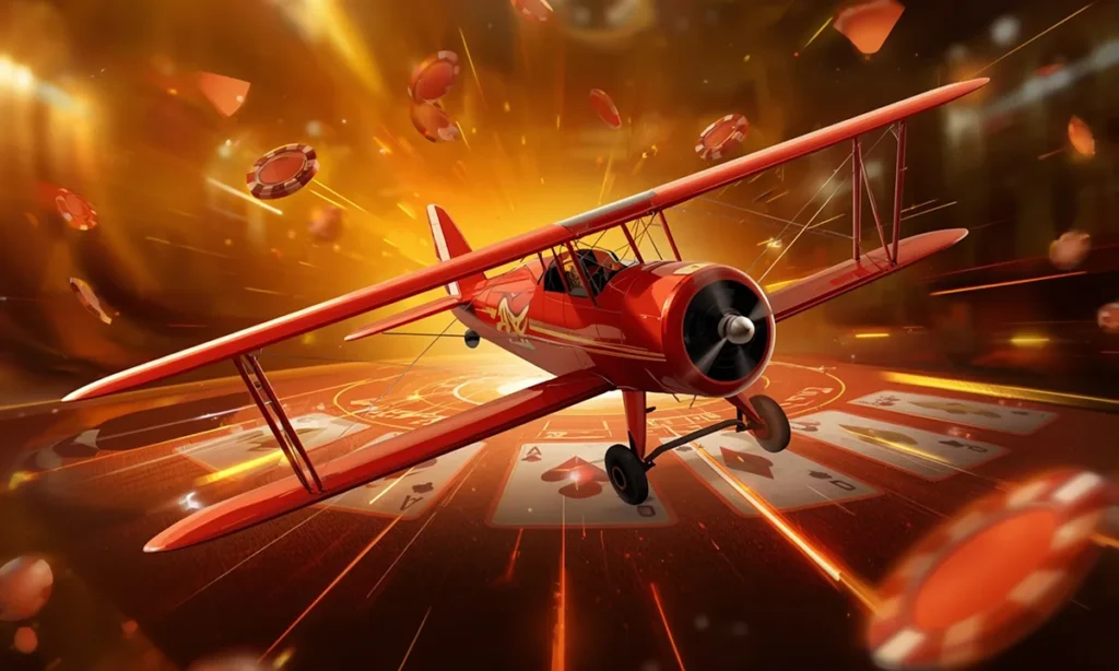 Red Aviator online game plane flying over playing cards and poker chips