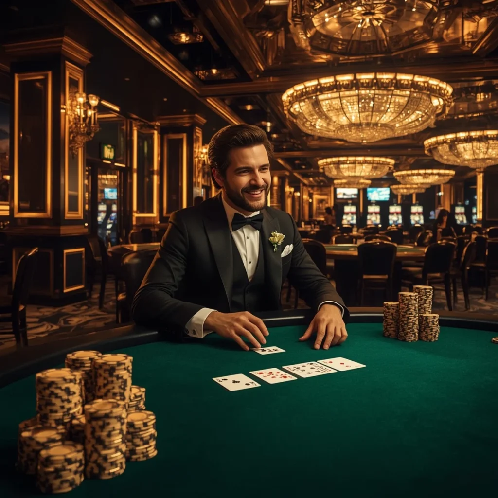 Elegant gambler playing poker at luxurious casino table surrounded by golden chandeliers and chips