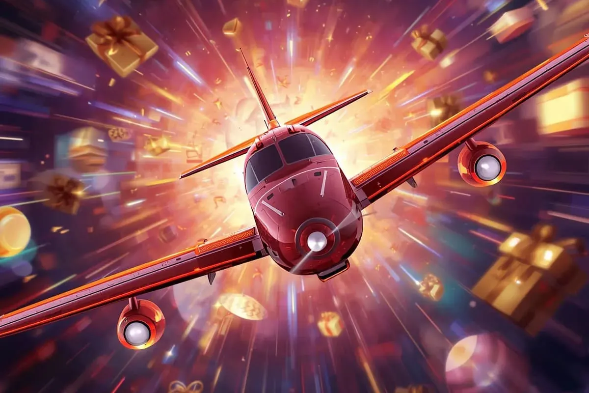 A red airplane from the online game Aviator, flying through a bright explosion with flying gift boxes and gold awards