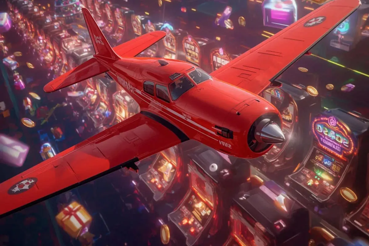Red airplane flying through an explosion of light and colorful gift boxes and casino rewards