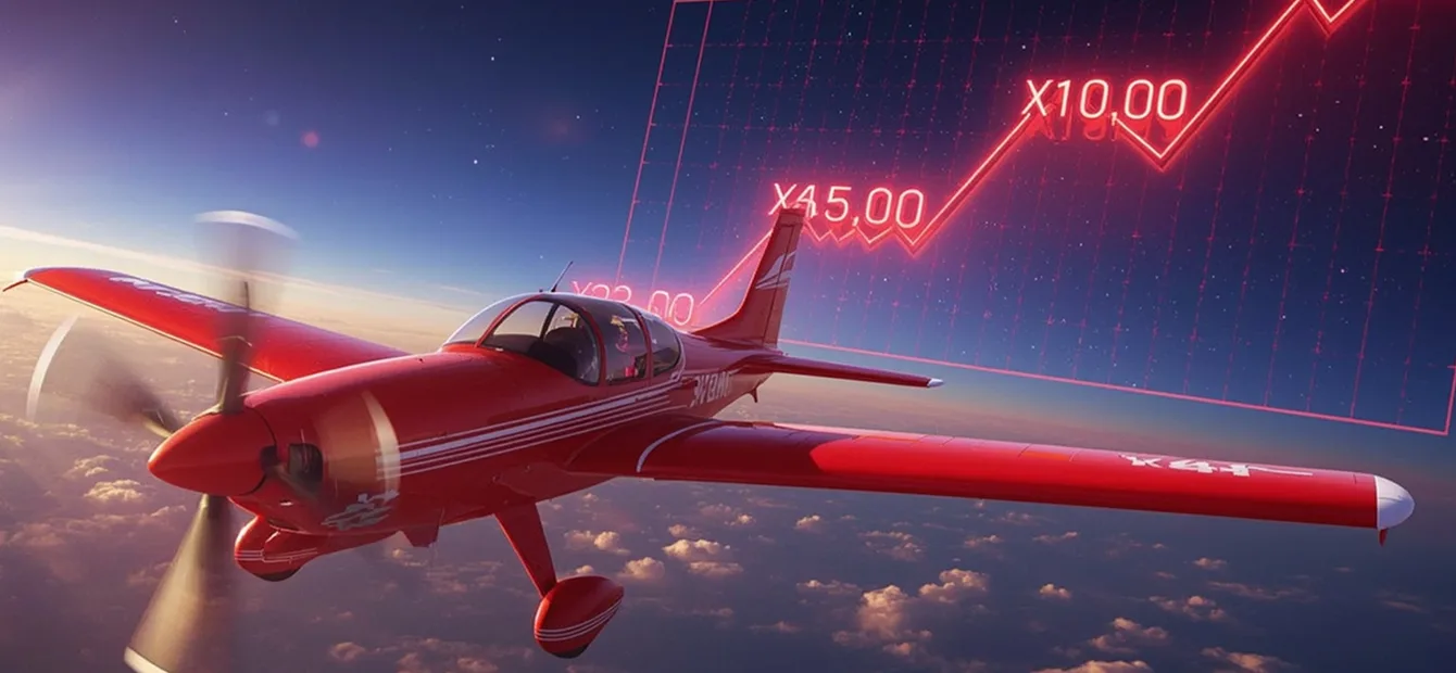 Aviator red plane flying through sky with glowing profit multipliers chart behind