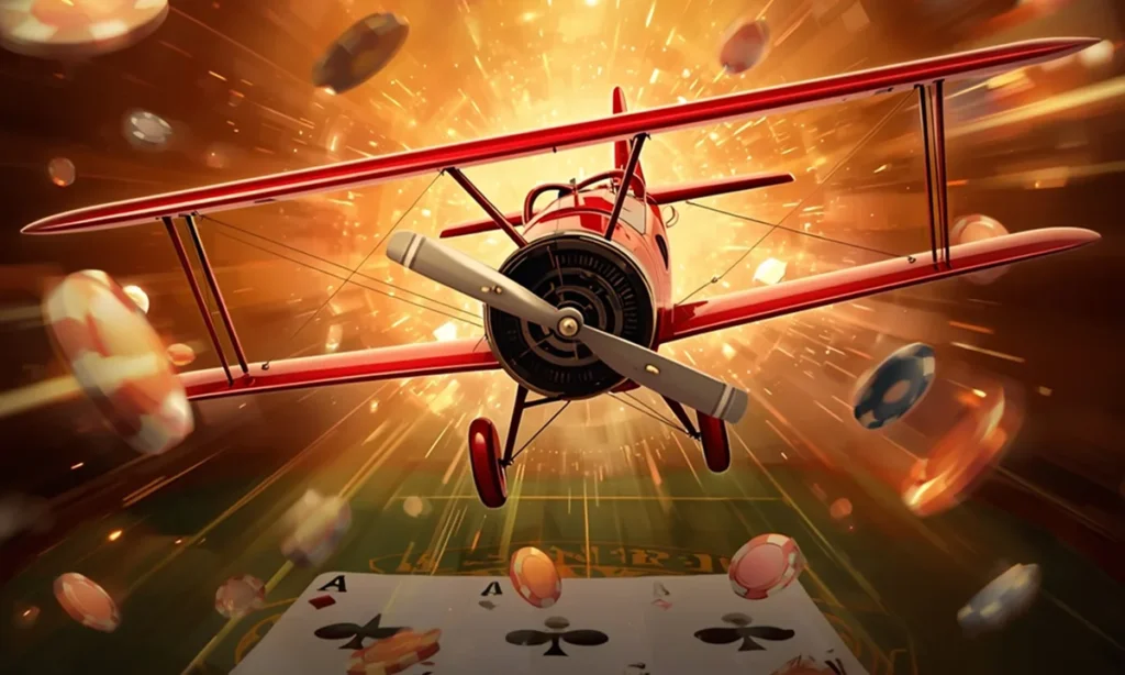 Red Aviator plane surrounded by glowing poker chips and bright orange lights
