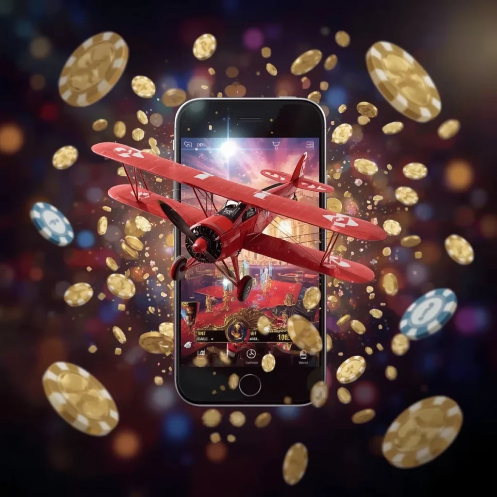 Red Aviator game plane flying out of smartphone surrounded by golden coins poker chips
