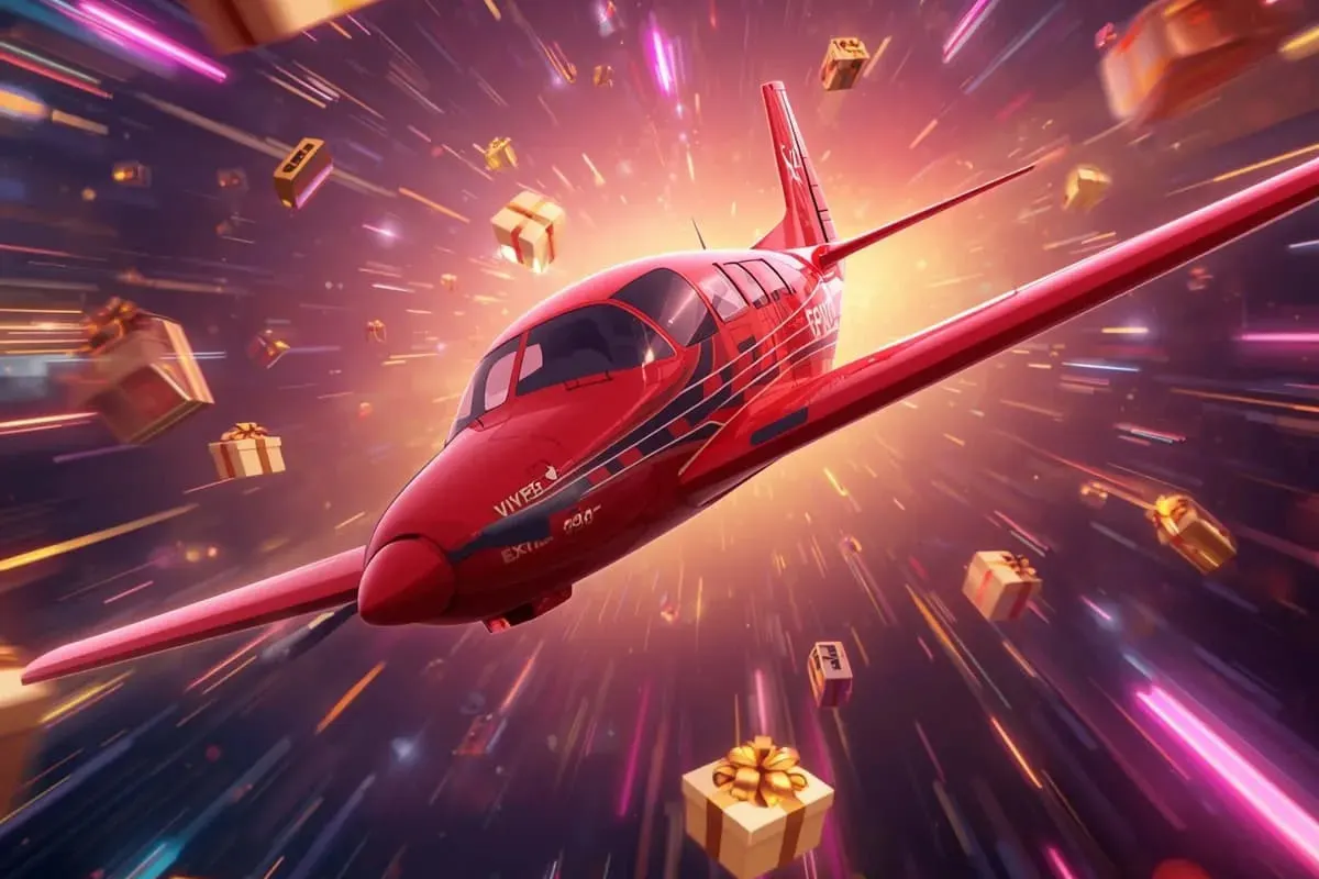 A red plane in the game Aviator flies through a glowing explosion with golden gift boxes symbolizing bonuses at an online casino