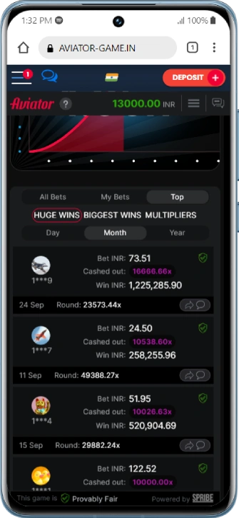 Aviator betting game leaderboard showing top wins, bets, and cash-outs.