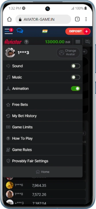 Aviator Indian game settings menu with sound and bet options