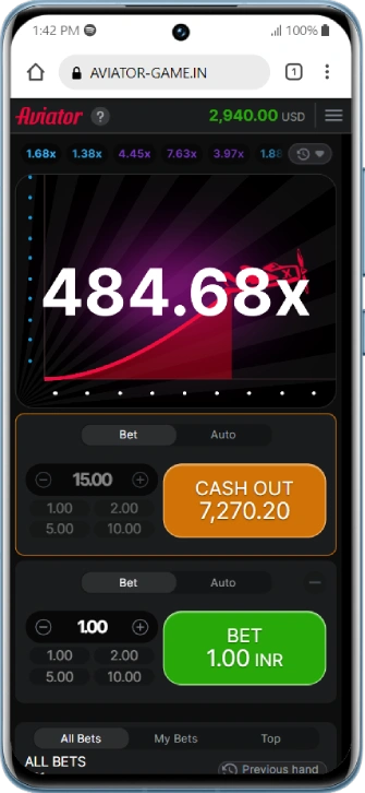 Aviator crash game with 484.68x multiplier and bets