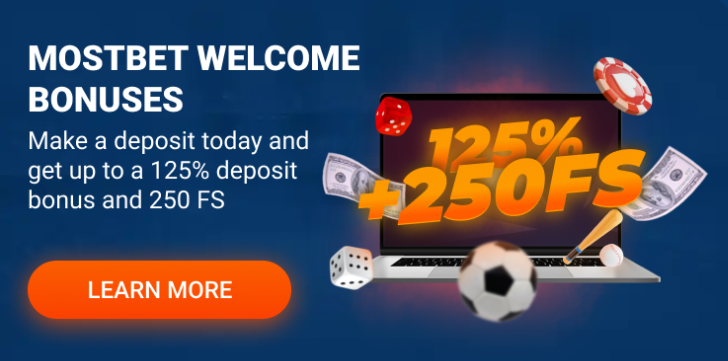Promo banner of the Mostbet Welcome bonuses