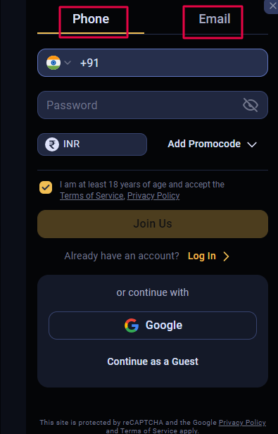 Odds96 registration panel