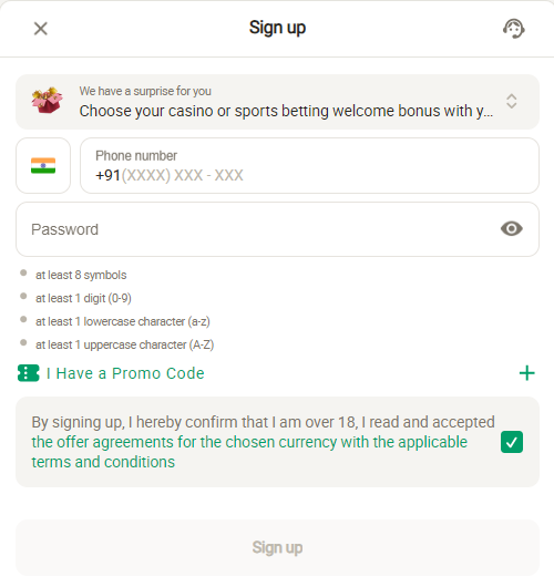 Parimatch registration panel
